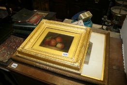 AN ANTIQUE OIL ON PANEL STILL LIFE OF FRUIT AND A SIMILAR WATERCOLOUR