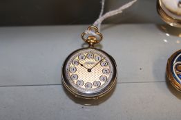 A VULCAN 18 CT GOLD CASED FOB WATCH WITH GUILLOCHE ENAMEL DECORATION.