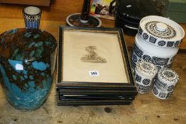 A SIGNED ART GLASS VASE, A POTTERY VASE,A SET OF VICTORIAN ENGRAVINGS AND PORTMEIRION STORAGE JARS