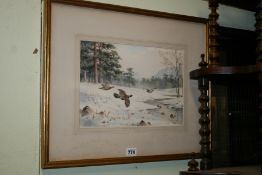 CYRIL HARRISON WATERCOLOUR CAPERCAILZIE IN FLIGHT