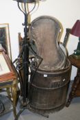 A LARGE IRON BOUND BARREL, VARIOUS COPPER PANS,COAL SCUTTLE, FOLDING CHAIR,ETC