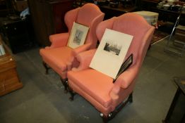 A PAIR OF EARLY GEORGIAN STYLE WING ARMCHAIRS WITH CARVED CABRIOLE LEGS