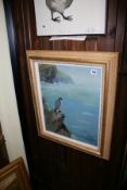 AN OIL ON BOARD STUDY OF FALCON ON COASTAL ROCK SIGNED R B TRELEAVEN