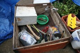 A LARGE PINE PARTS CRATE AND VARIOUS TOOLS
