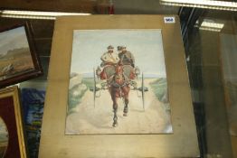 AN EARLY 20TH CENTURY WATERCOLOUR OF THREE MEN IN A PONY AND TRAP, SIGNED INDISTINCTLY.