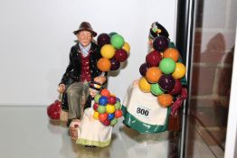 A ROYAL DOULTON FIGURE OF THE OLD BALLOON SELLER TOGETHER WITH THE BALLOON MAN AND MINIATURE THE OLD