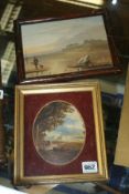 A SMALL OVAL OIL ON BOARD OF A LAKELAND SCENE TOGETHER WITH AN OIL COASTAL SCENE.