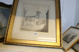 A 19TH.C..WATERCOLOUR THE ROYAL EXCHANGE AND A PAIR OF EARLY WATERCOLOURS AND ONE OTHER