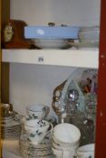 A DRESDEN PORCELAIN COFFEE SET AND TRAY, AN EDWARDIAN TEA SET, INLAID MANTLE CLOCK,DECANTERS,ETC
