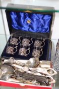 SET OF SIX HALLMARKED SILVER SOUP SPOONS, A CASED SET OF SILVER MOUNTED SMALL TUMBLERS, OTHER SILVER