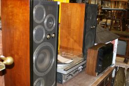 A ROTEL TUNER AND AMPLIFIER, AN AKAI REEL TO REEL PLAYER, A JVC RECORD DECK AND  WHARFDALE SPEAKERS