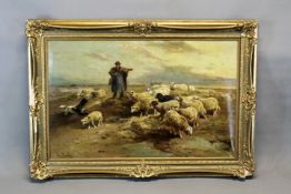 Henry Schouten (1864-1927) Belgian,Shepherd and dog herding sheep in an extensive landscape,signed,