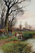 Henry Charles Fox (1860-1929),Cattle and drover by a pond,signed and dated 1913,watercolour,52 x