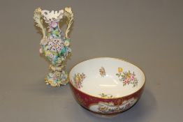 Two pieces of decorative English porcelain: a twin handled dish with applied flowerhead decoration