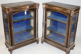 A pair of Victorian ebonised and inlaid display cabinets with gilt brass beaded decoration,88cm wide