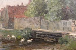 William Cave Day (1862-1924),Ducks on a river by cottages and a sluice gate,signed,oil on board,14.5