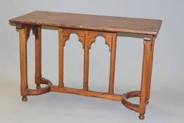 A Victorian Gothic Revival pitch pine console table with marble top, 133cm wide.