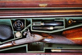 A cased double barrelled 12 bore percussion sporting gun by Mortimer, 32inch sighted damascus