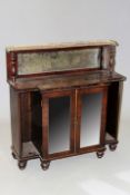 A Regency rosewood small chiffonier side cabinet, the raised mirror back gallery above breakfront