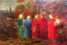 Attributed to Walter Spindler (1878-1940),Study of five robed figures in a landscape,dated April