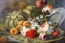 Continental School (19th Century),Still life of peaches, flowers and a pewter dish,oil on canvas,