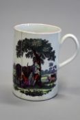 A late 18th Century English mug with coloured rural scenes of a milkmaid and swain with strapwork