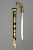 A horn hilted Indonesian short sword, 37cm heavy blade, characteristic upswept horn hilt contained