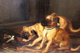 Manner of Landseer, (19th Century),Two pugs and a tabby cat,oil on canvas,indistinctly signed and