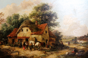 Circle of Georgina Lara,Figures, horses amd chickens by a cottage in a landscape,oil on canvas,21.