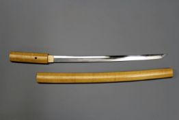 A Japanese Wakizashi in shirasaya mount, 37.5cm blade with one mekugi-ana, details of oshigata