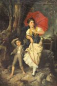 Franz von Persoglia (1852-1912) Austrian,Young woman and a boy on a stormy evening,signed,oil on