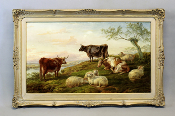 Charles “Sheep” Jones(1836-1892),”Sunset on the Moors”, sheep and cattle resting in an extensive