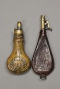 An early copper powder flask by Dixon with common top, together with an embossed leather shot