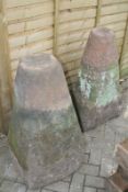 Three large Northamptonshire stone staddle stones and associated tops.