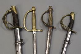 A Continental or American cavalry trooper`s sabre, three bar brass hilt contained in its steel