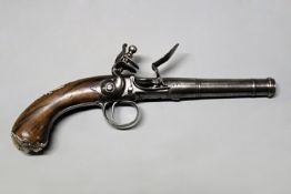 A silver mounted flintlock Queen Anne pistol by Sharp, 4.5inch three-stage turn-off cannon barrel