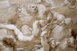 An Old Master type drawing depicting men cast in to turmoil by a thunderbolt, indistinctly inscribed