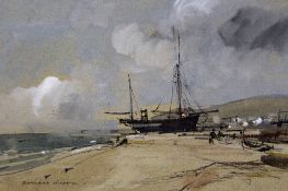 Rowland Hilder(1905-1993) (ARR),Beached boat, Hastings, Sussex,signed,watercolour, pen and ink,15