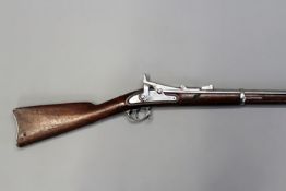 An 1865 Allin Conversion Springfield Trapdoor rifle, 40inch sighted rifled barrel sleeved to .500,