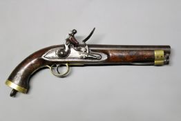 A rare .650 caliber flintlock cavalry pistol to the Nizam`s 4th Cavalry, 9inch barrel signed