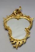 A Continental carved giltwood mirror in Rococo style, of cartouche form with foliate scrolls and