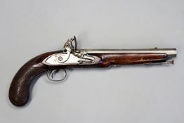 A flintlock holster pistol, 9inch sighted octagonal barrel, plain lock with French cock, full