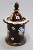 A bargeware tobacco jar with domed lid, “J. Plumb 1889”,8.5in approx. over all.