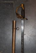 A French Infantry officer`s sword, 92cm double fullered blade made in Klingenthal and retailed by F.
