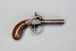 A double barrelled percussion pocket pistol, 3inch barrels, crudely engraved locks, bag shaped