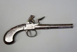 A flintlock boxlock pocket pistol by Segalas, 4.25inch two-stage barrel with ring-turned muzzle