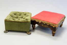 Two various footstools: one rosewood and brass inlaid in Regency style, the other with buttoned