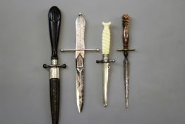 A hallmarked silver scissors dagger, 10cm blade stamped THORNHILL NEW BOND ST, silver hilt decorated