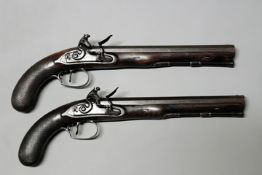 A pair of flintlock duelling pistols by Durs Egg, 10inch sighted octagonal browned damascus