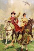 W.R.S. Stott (exh. 1905-1934),Falconry on horseback,signed,oil on board,52 x 36cm.